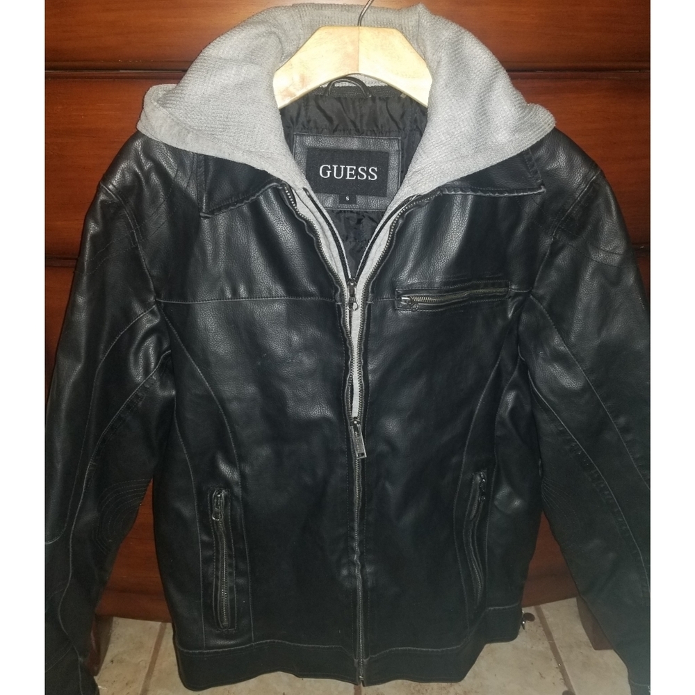 GUESS Faux Leather Men's Hooded Moto Jacket
